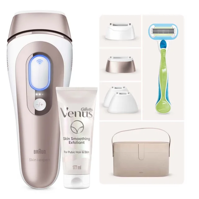 Braun Skin i-expert IPL with multiple caps, Gillette Venus exfoliant, razor, and storage case.