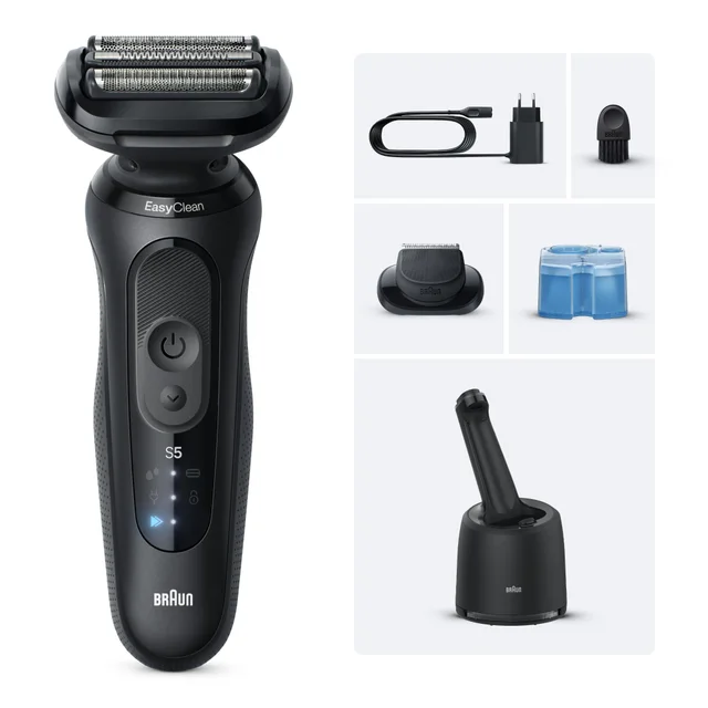 Braun Series 5 Electric Shaver, highlighting its EasyClean feature and included accessories.