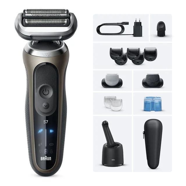 Braun Series 7 electric shaver with a comprehensive set of grooming accessories.