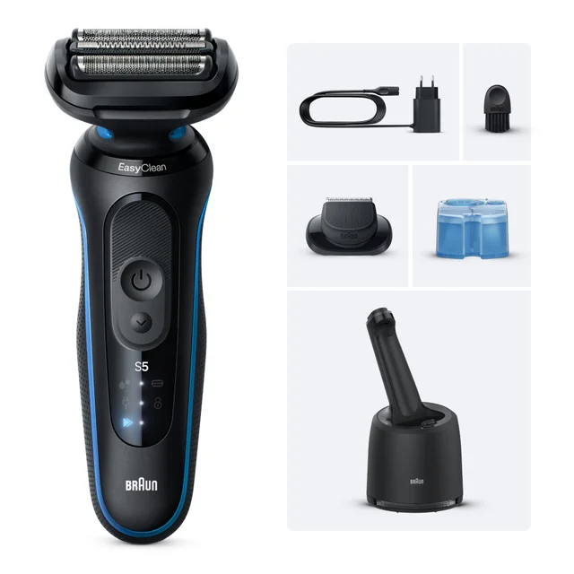 Braun Series 5 Electric Shaver with EasyClean, cleaning station, and full accessory kit.