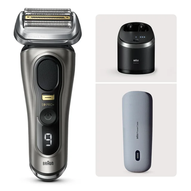 Braun Series 9 Pro+ electric shaver with SmartCare charging station and PowerCase.