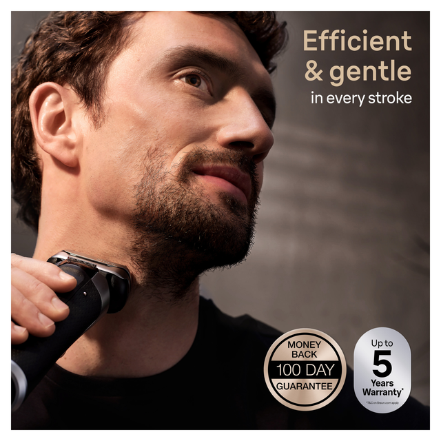 Man shaves with Braun shaver, highlighting 'Efficient & gentle in every stroke'.
