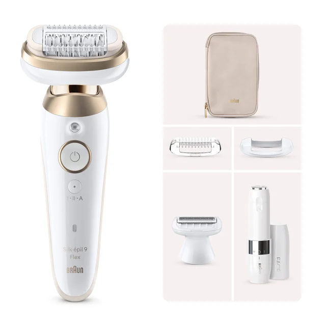Braun Silk-épil 9 Flex epilator kit, including shaver head, facial epilator and travel pouch.