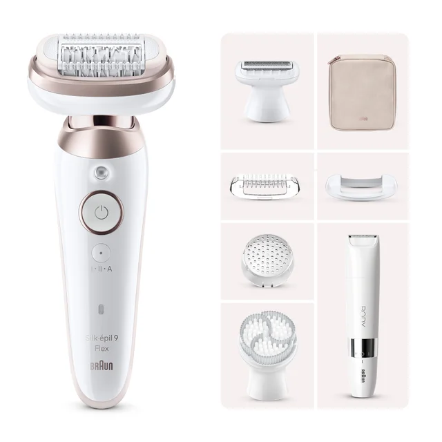 Braun Silk-épil 9 Flex epilator with shaver head, body trimmer, and multiple attachments.