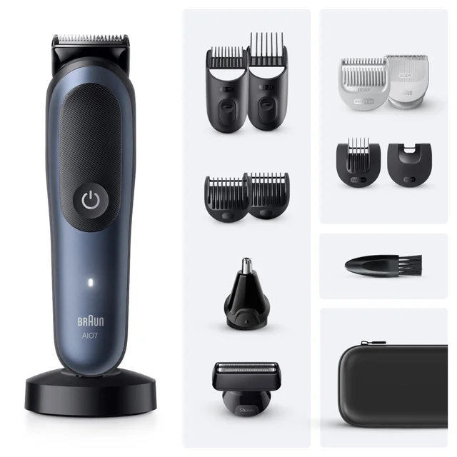 Braun AIO7 trimmer shown with its multiple versatile grooming attachments.