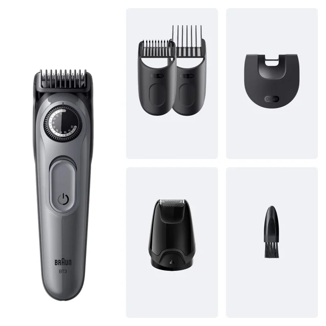 Braun BT3 trimmer with two comb guides, detail head, and cleaning brush shown.