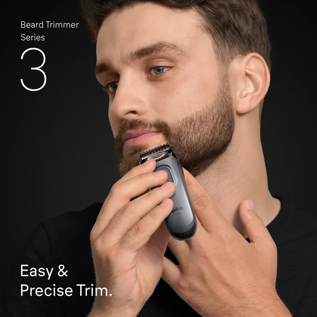Man using Braun Beard Trimmer Series 3, illustrating an easy & precise trim.