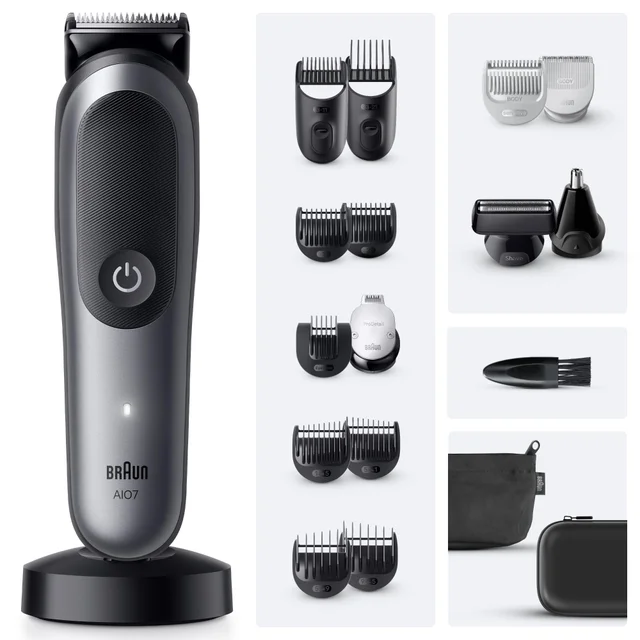 Braun AIO7 All-in-One trimmer with its full suite of combs, attachments, and travel accessories.