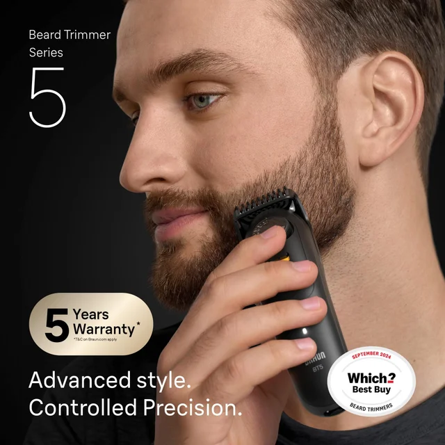 Braun Series 5 Beard Trimmer in use, highlighting the 'Which? Best Buy' award.