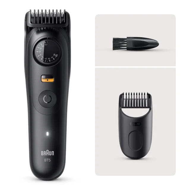 Braun BT5 Beard Trimmer with precision length dial, cleaning brush, and comb.