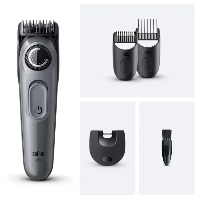 Braun BT3 trimmer with adjustable precision dial and included trimming combs.