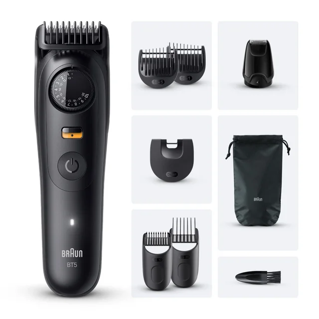 Braun BT5 beard trimmer with multiple styling combs, detail trimmer, cleaning brush and pouch.