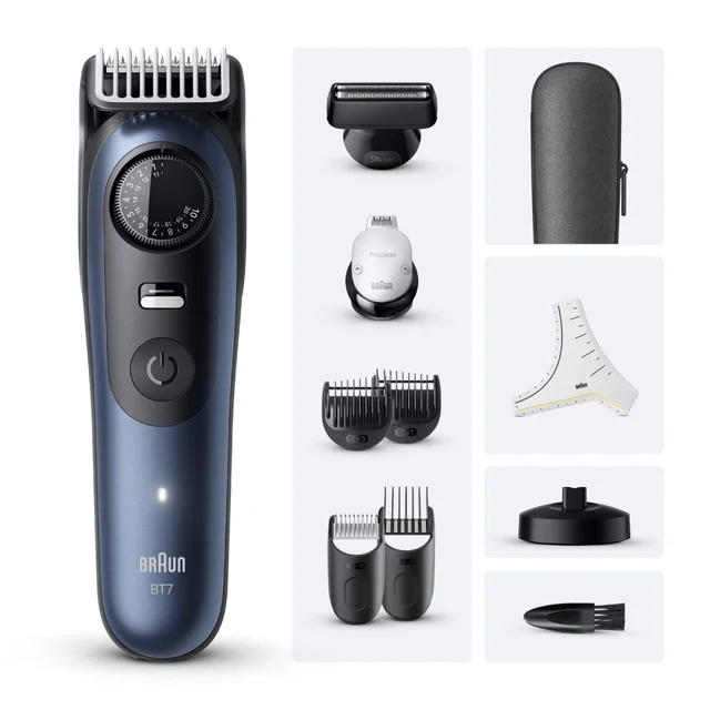 Braun BT7 Trimmer shown with its various heads, combs, and grooming accessories.