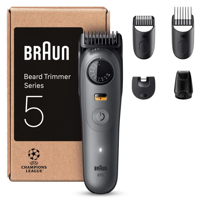 Braun Beard Trimmer Series 5 and packaging, including 4 versatile trimming attachments.