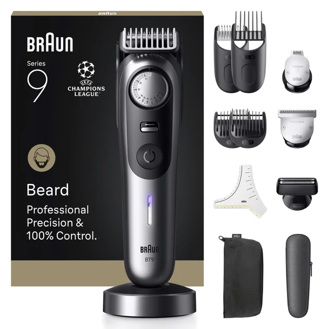 Braun Series 9 Beard Trimmer BT9 with accessories, highlighting professional precision & control.