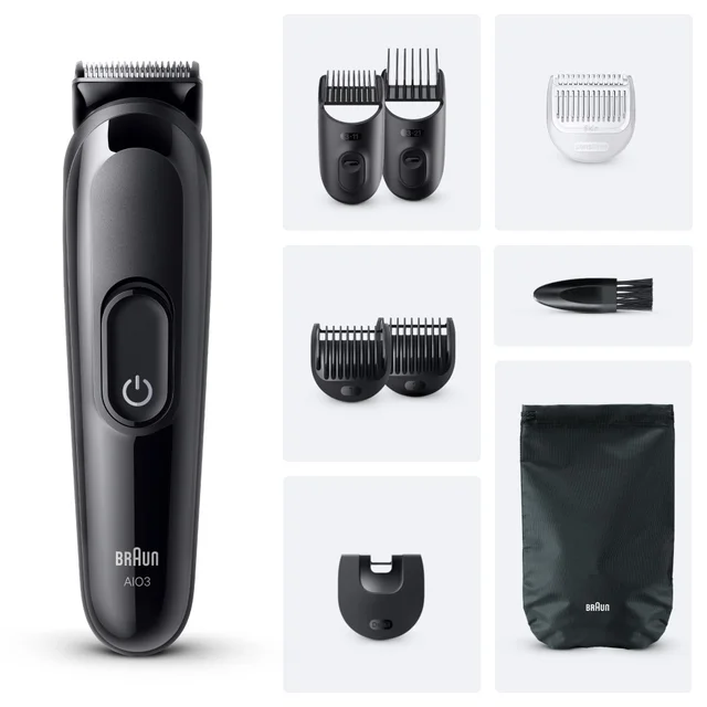 Braun AI03 Trimmer with multiple comb attachments, sensitive guard, brush, stand, and pouch.