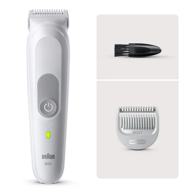 Braun BG3 body groomer with cleaning brush and 'BODY sensitive' comb attachment.