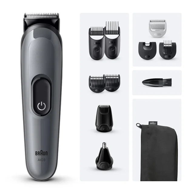 Braun AI03 trimmer shown with various grooming attachments and a storage pouch.