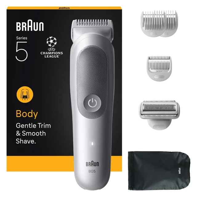 Braun Series 5 Body Groomer BG5 & accessories, highlighting 'Gentle Trim & Smooth Shave'.