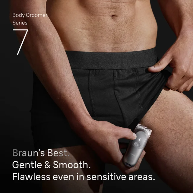 Man using Braun Body Groomer Series 7 for gentle, smooth grooming in sensitive areas.
