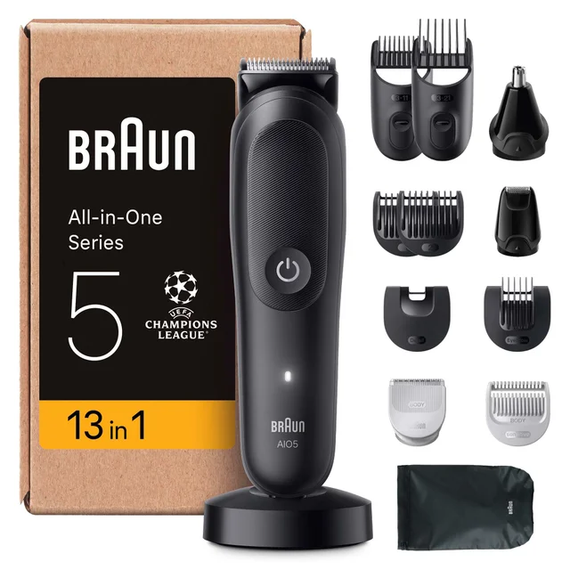 Braun All-in-One Series 5 Trimmer, packaging, and all 13-in-1 grooming attachments.