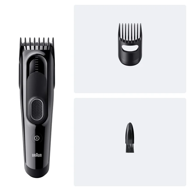 Braun hair clipper with comb attachment and cleaning brush.
