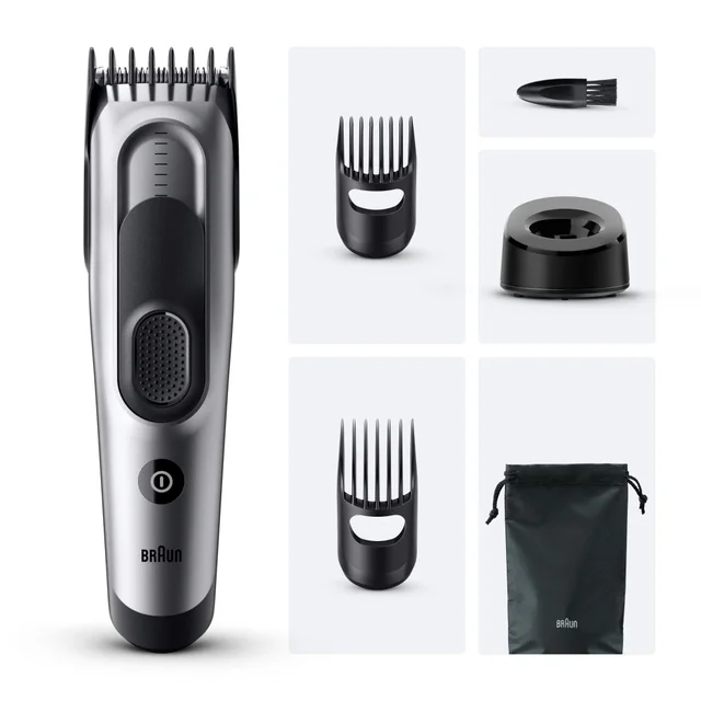 Braun hair trimmer shown with its full range of accessories: combs, brush, dock & pouch.