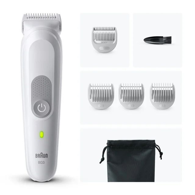 Braun BG3 trimmer shown with sensitive body comb, cleaning brush, three trimming combs, and pouch.