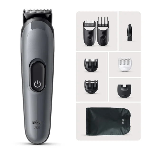 Braun Trimmer with multiple grooming attachments and storage pouch.