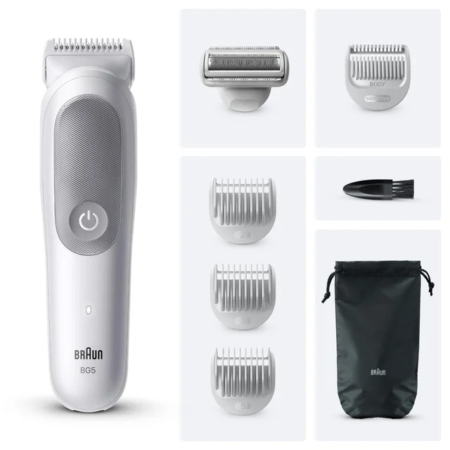 Braun BG5 Body Groomer with shaver head, sensitive comb, three styling combs and pouch.