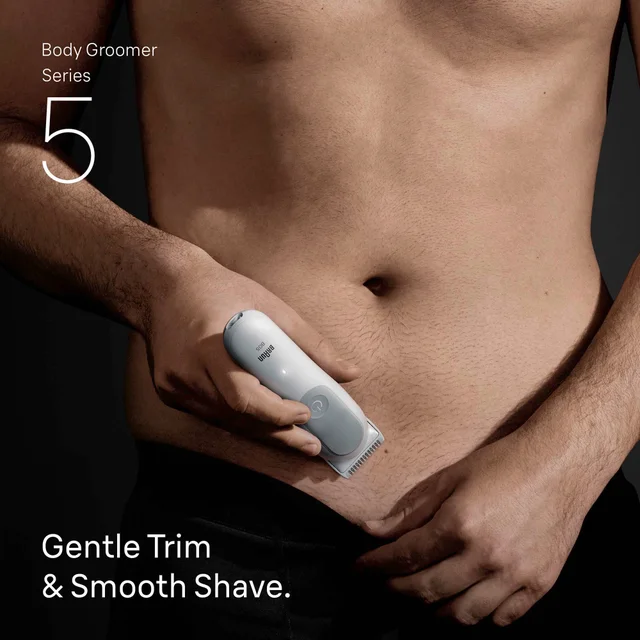 Braun BodyGroomer Series 5 used for a 'Gentle Trim & Smooth Shave' on a man's torso.