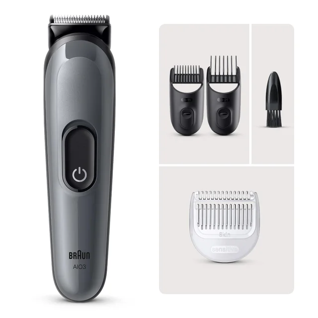 Braun AIO3 trimmer with multiple grooming attachments, including skin sensitive head.