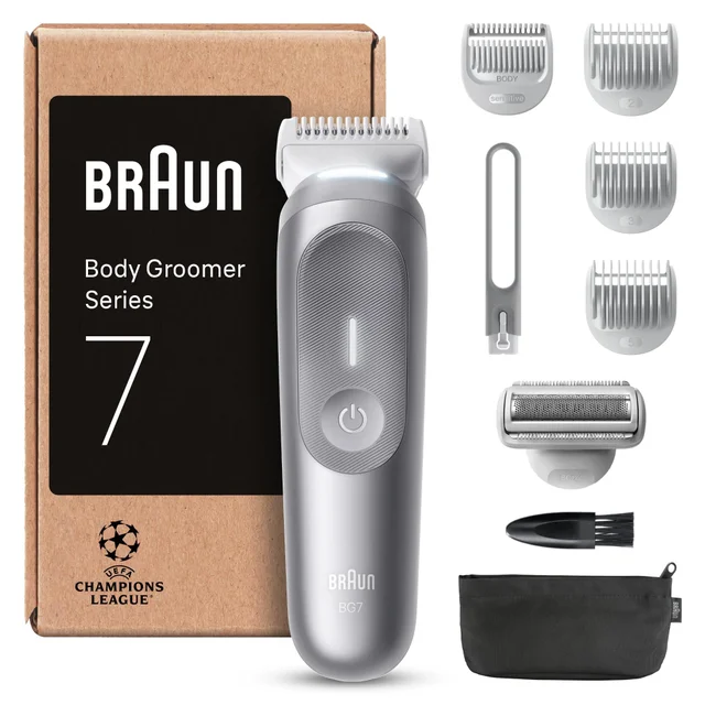 Braun Body Groomer Series 7 with retail box and various grooming attachments.