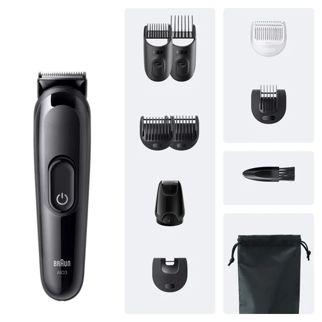 Braun AI03 trimmer shown with multiple styling combs, detail heads, cleaning brush, and pouch.