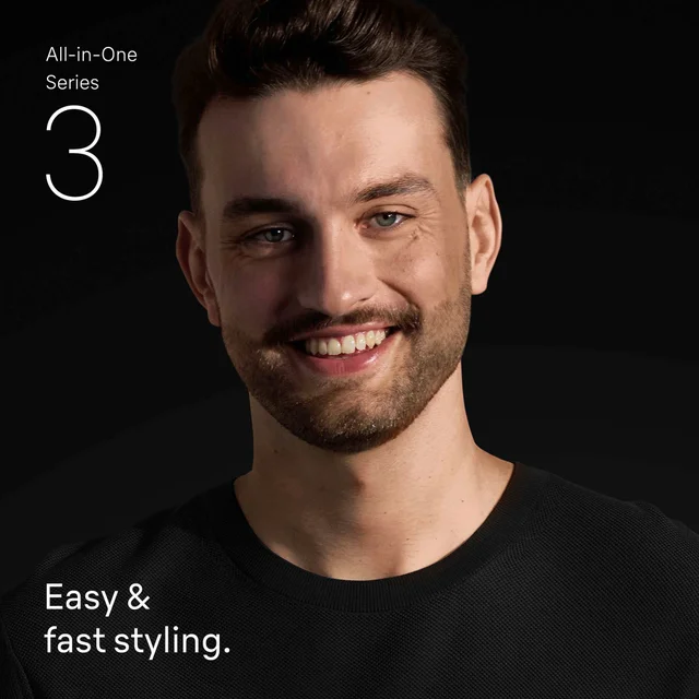 Smiling man representing Braun All-in-One Series 3's 'Easy & fast styling' benefit.