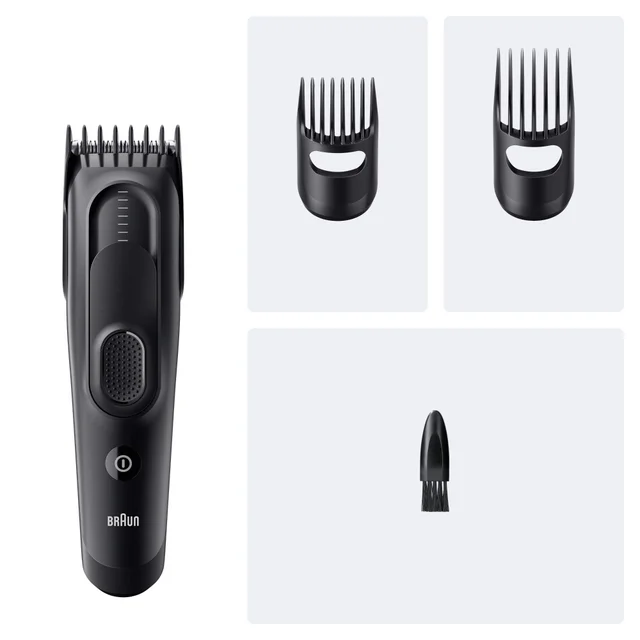 Braun trimmer with two styling comb attachments and a cleaning brush.