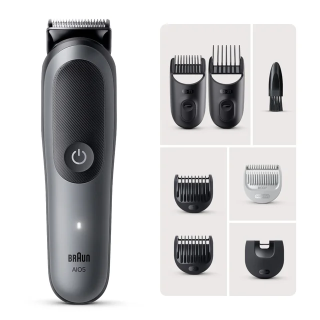 Braun AI05 Trimmer with its 7 multi-grooming attachments for versatile styling.