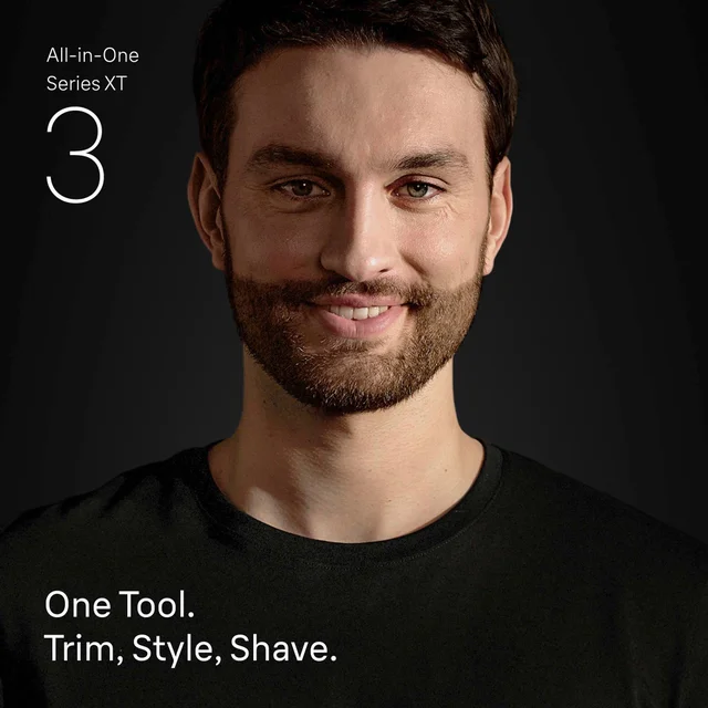 Braun All-in-One Series XT 3: man highlighting its trim, style, shave capabilities.