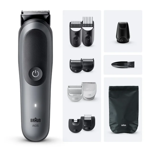 Braun AI05 trimmer with various comb attachments, cleaning brush, and storage pouch.