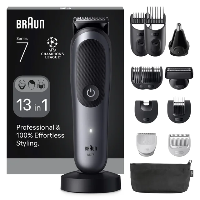 Braun Series 7 AI07 and accessories, highlighting its '13 in 1' styling versatility.