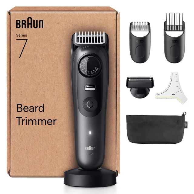 Braun Series 7 Beard Trimmer packaging, showing the trimmer, stand, and multiple styling tools.