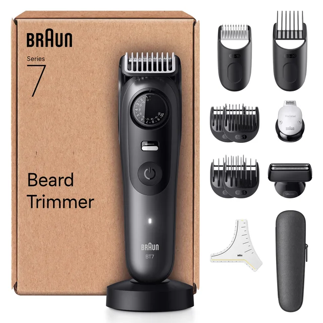 Braun Series 7 Beard Trimmer with its box and a comprehensive set of grooming attachments.