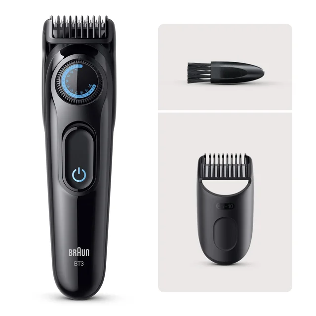 Braun BT3 trimmer, cleaning brush, and precision comb attachment.