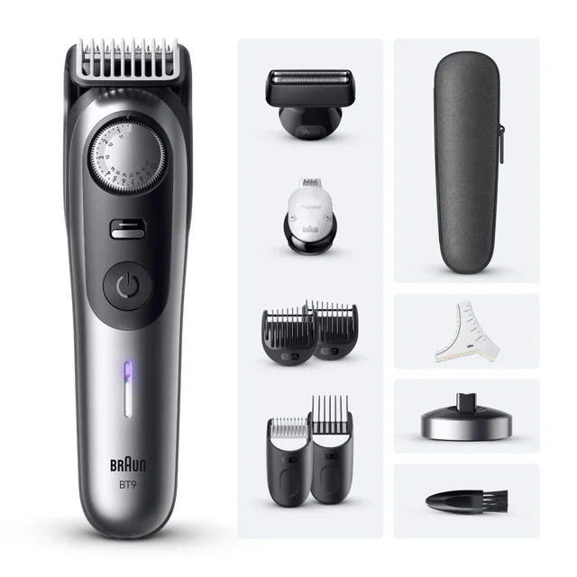 Braun BT9 beard trimmer with precision dial and full set of grooming accessories.