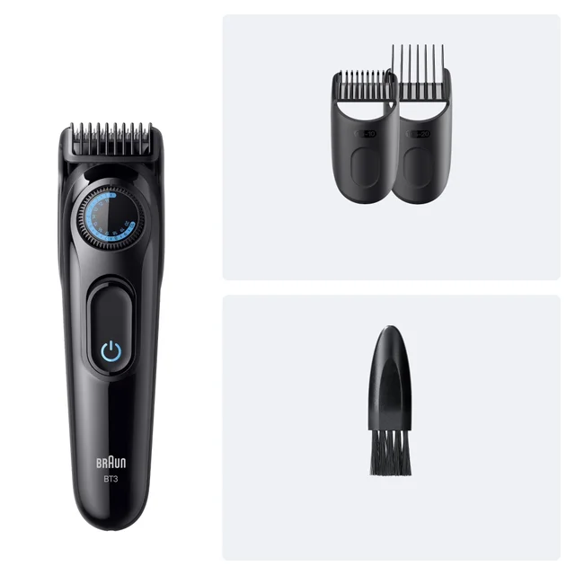 Braun BT3 trimmer and two comb attachments for varied length settings.