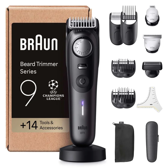 Braun Beard Trimmer Series 9 with its retail box, showcasing the +14 Tools & Accessories.