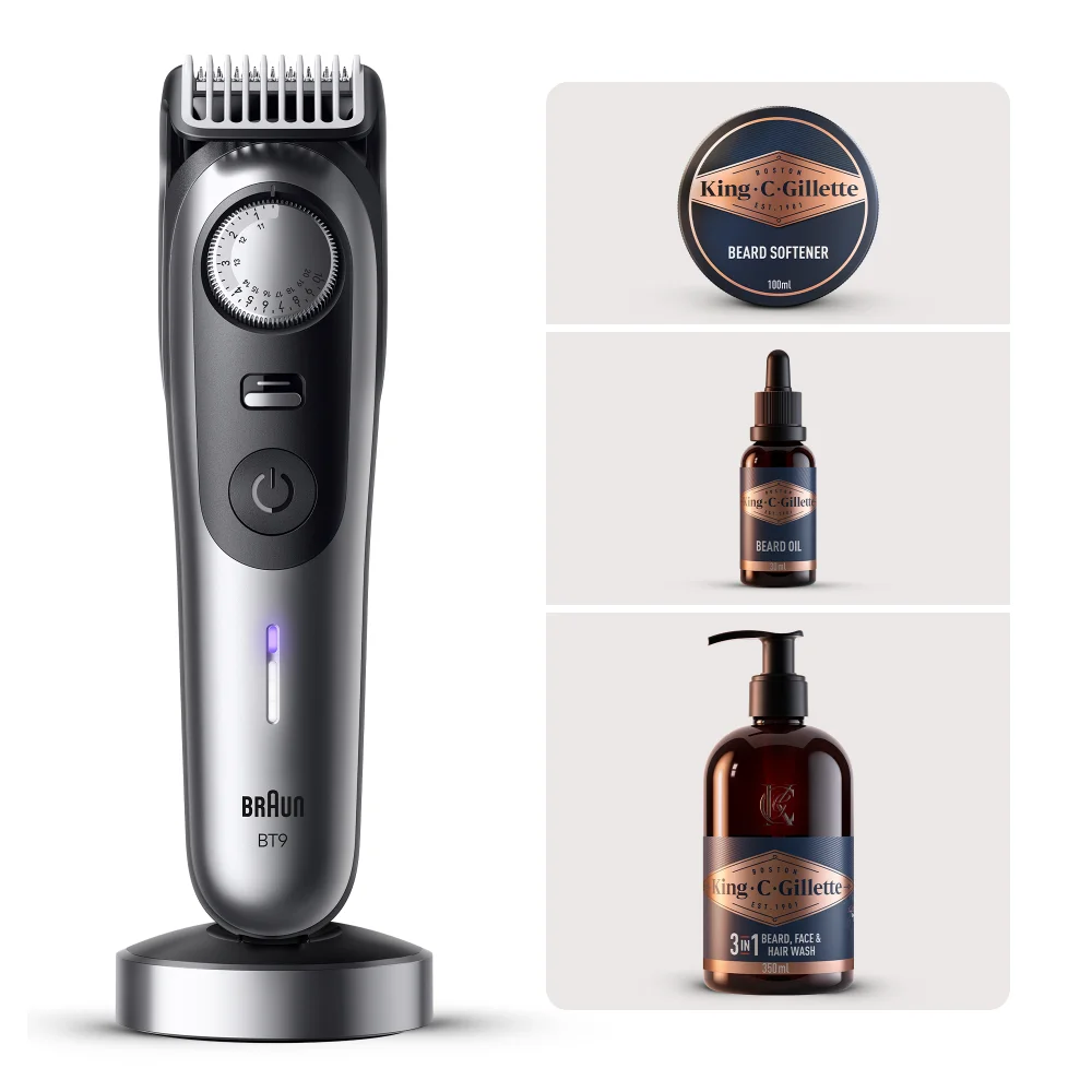 Braun BT9 Beard Trimmer with charging base and King C. Gillette beard care products.