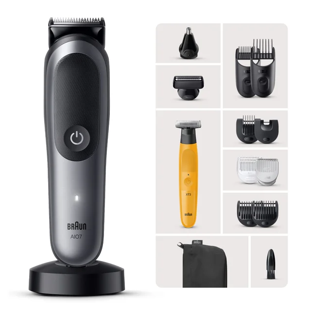 Braun A107 Multigroomer & XT3 shaver kit with all versatile grooming attachments.
