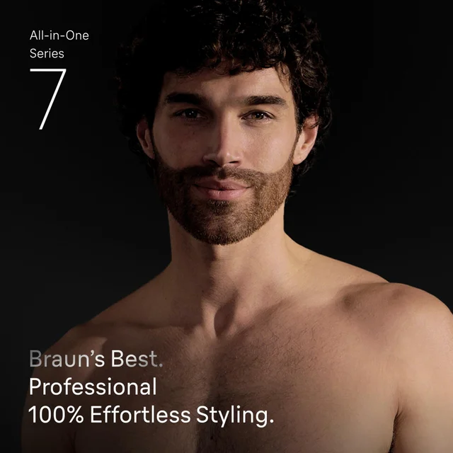 Effortless styling demonstrated by a man with a professionally trimmed beard using Braun Series 7.