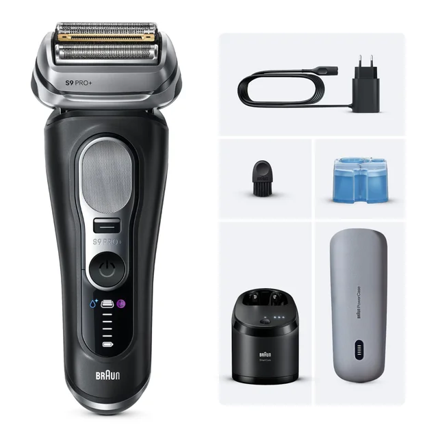 Braun Series 9 Pro+ shaver with SmartCare station, PowerCase, and included accessories.